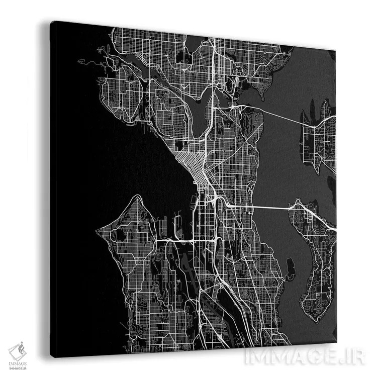 تابلو نقشهٔ جادههای شهری سیاتل (سیاه) اثر اوربانمپ (نقشه شهری؛ استودیو نقشه یا طراح) - نمای پرسپکتیو محصول