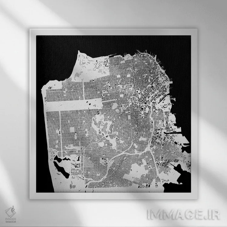 تابلو نقشهٔ شهری سان فرانسیسکو (سفید) اثر اوربانمپ (نقشه شهری؛ استودیو نقشه یا طراح) - نمای قابدار سفید