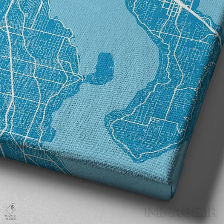 تابلو نقشهٔ جادههای شهری سیاتل (آبی) اثر اوربانمپ (نقشه شهری؛ استودیو نقشه یا طراح) - نمای نزدیک بافت بوم