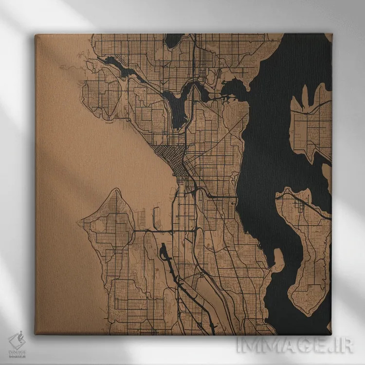 تابلو نقشهٔ جادههای شهری سیاتل (طلایی) اثر اوربانمپ (نقشه شهری؛ استودیو نقشه یا طراح) - نمای روبهرو روی دیوار
