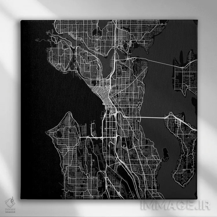 تابلو نقشهٔ جادههای شهری سیاتل (سیاه) اثر اوربانمپ (نقشه شهری؛ استودیو نقشه یا طراح) - نمای روبهرو روی دیوار