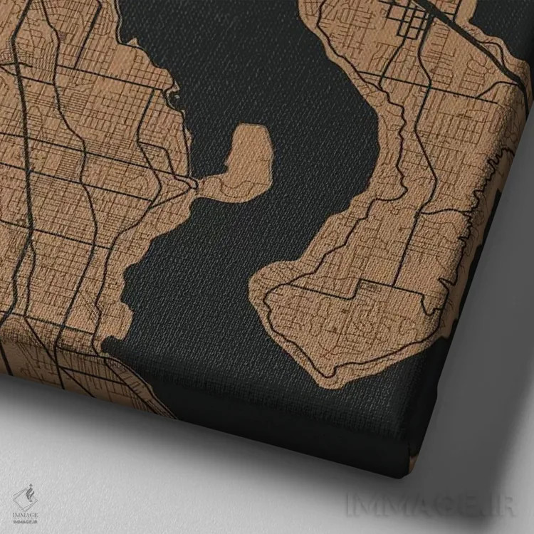 تابلو نقشهٔ جادههای شهری سیاتل (طلایی) اثر اوربانمپ (نقشه شهری؛ استودیو نقشه یا طراح) - نمای نزدیک بافت بوم