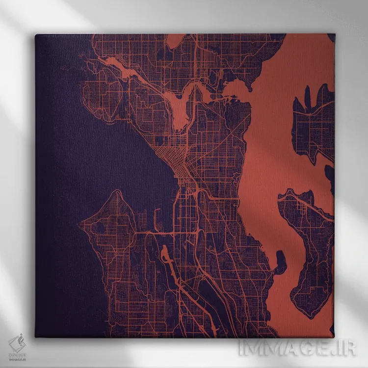 تابلو نقشهٔ جادههای شهری سیاتل (شب بنفش) اثر اوربانمپ (نقشه شهری؛ استودیو نقشه یا طراح) - نمای روبهرو روی دیوار