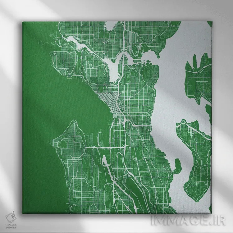 تابلو نقشهٔ جادههای شهری سیاتل (سبز) اثر اوربانمپ (نقشه شهری؛ استودیو نقشه یا طراح) - نمای روبهرو روی دیوار