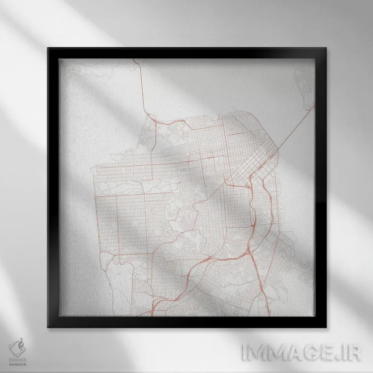 تابلو نقشهٔ جادههای شهری سان فرانسیسکو (قرمز) اثر اوربانمپ (نقشه شهری؛ استودیو نقشه یا طراح) - نمای قابدار مشکی