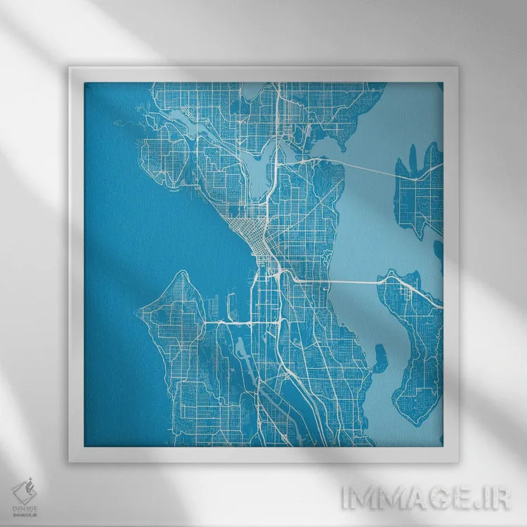 تابلو نقشهٔ جادههای شهری سیاتل (آبی) اثر اوربانمپ (نقشه شهری؛ استودیو نقشه یا طراح) - نمای قابدار سفید