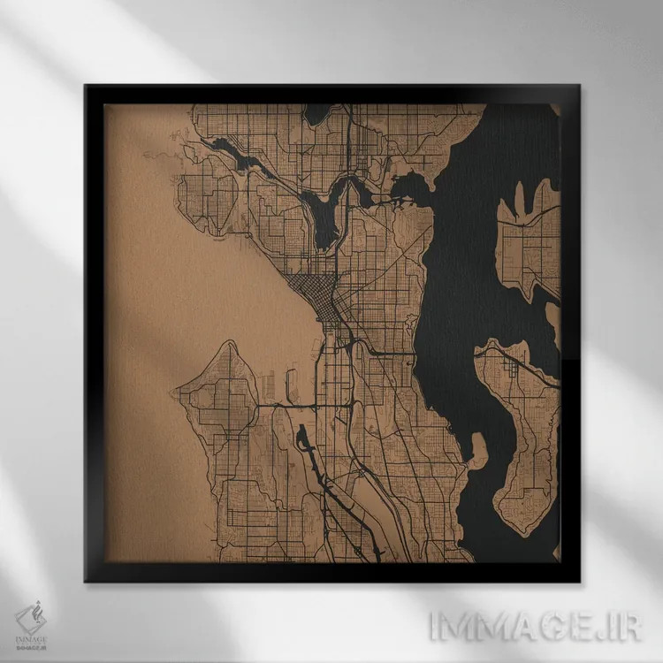 تابلو نقشهٔ جادههای شهری سیاتل (طلایی) اثر اوربانمپ (نقشه شهری؛ استودیو نقشه یا طراح) - نمای قابدار مشکی