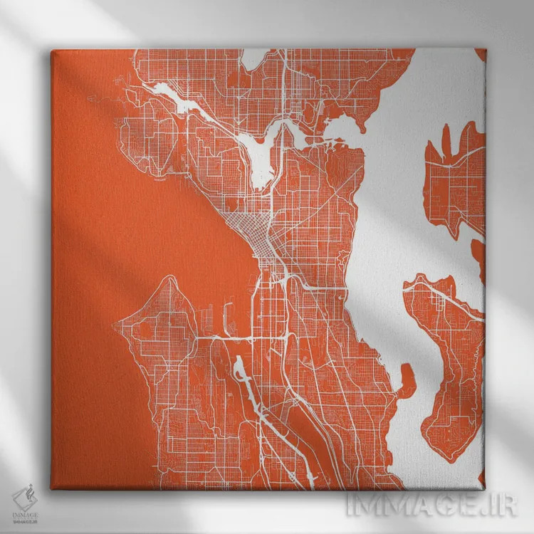 تابلو نقشهٔ جادههای شهری سیاتل (قرمز) اثر اوربانمپ (نقشه شهری؛ استودیو نقشه یا طراح) - نمای روبهرو روی دیوار