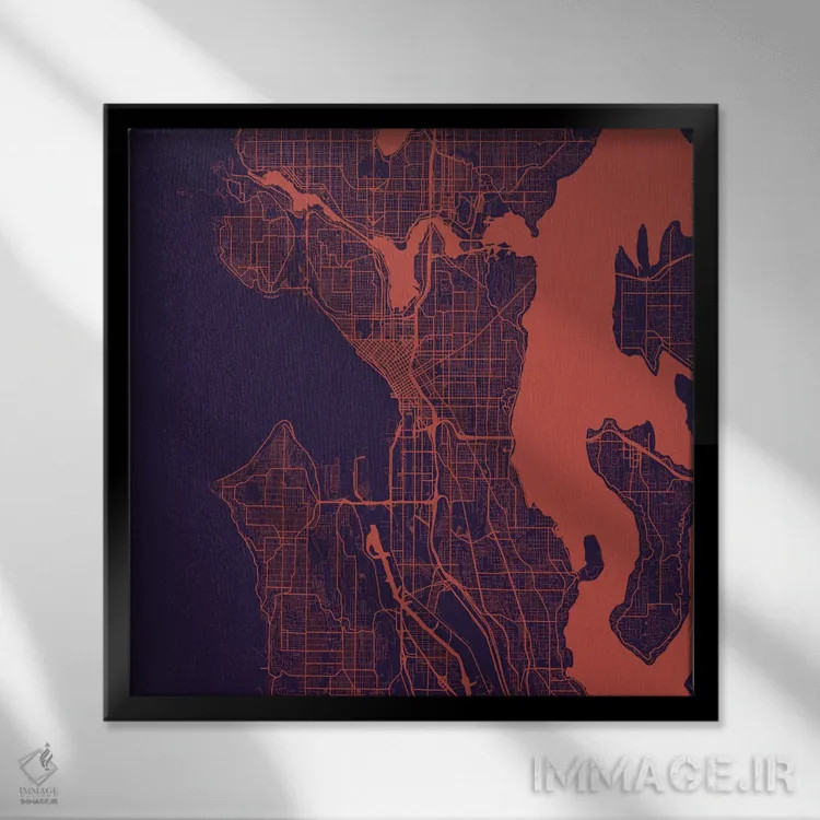 تابلو نقشهٔ جادههای شهری سیاتل (شب بنفش) اثر اوربانمپ (نقشه شهری؛ استودیو نقشه یا طراح) - نمای قابدار مشکی