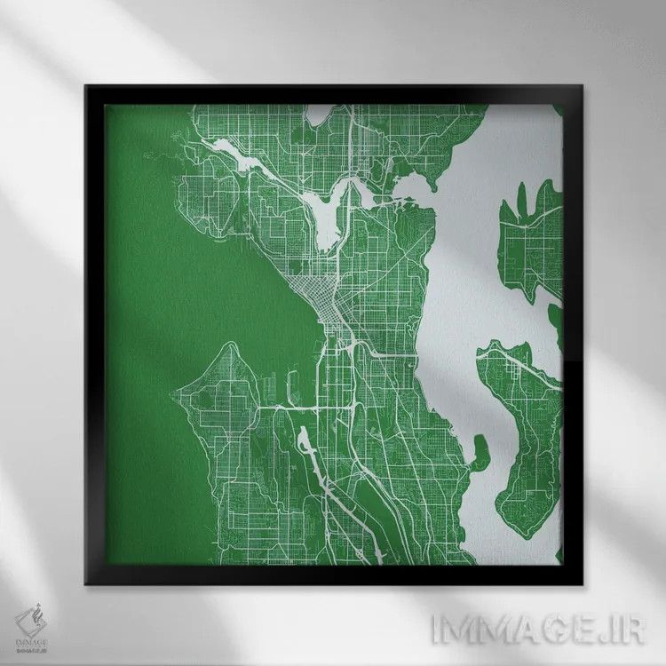 تابلو نقشهٔ جادههای شهری سیاتل (سبز) اثر اوربانمپ (نقشه شهری؛ استودیو نقشه یا طراح) - نمای قابدار مشکی