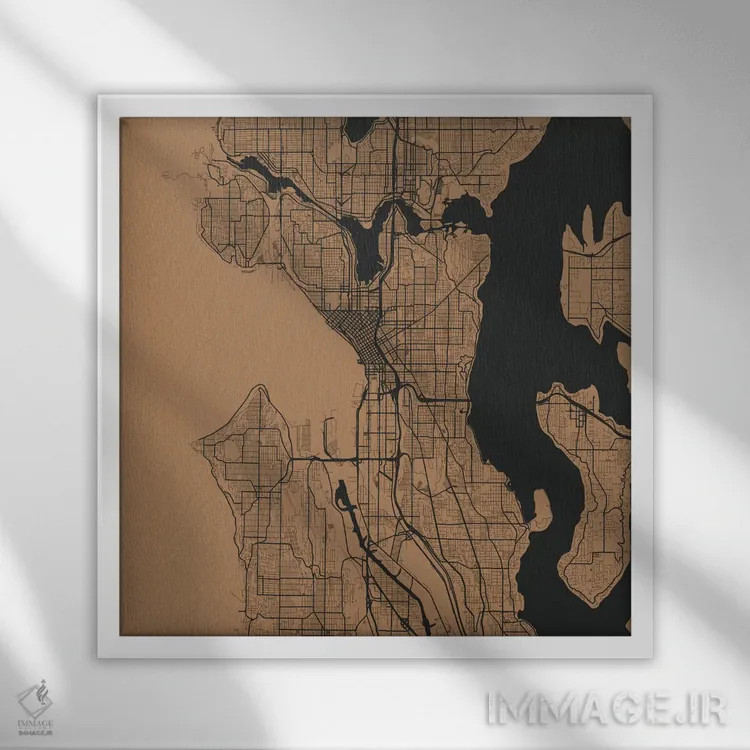 تابلو نقشهٔ جادههای شهری سیاتل (طلایی) اثر اوربانمپ (نقشه شهری؛ استودیو نقشه یا طراح) - نمای قابدار سفید