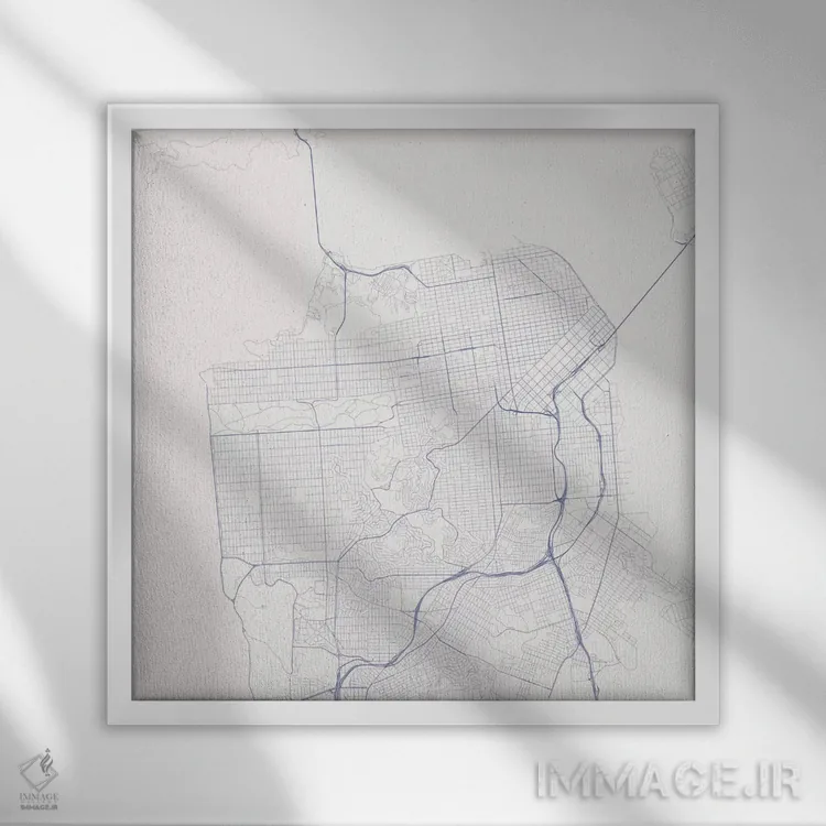 تابلو نقشهٔ جادههای شهری سان فرانسیسکو (آبی) اثر اوربانمپ (نقشه شهری؛ استودیو نقشه یا طراح) - نمای قابدار سفید