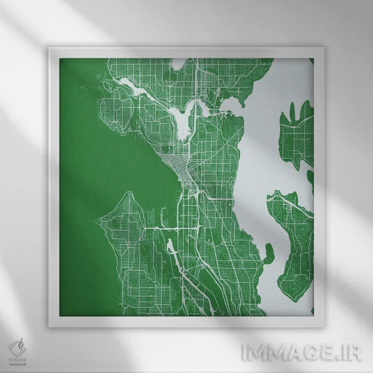 تابلو نقشهٔ جادههای شهری سیاتل (سبز) اثر اوربانمپ (نقشه شهری؛ استودیو نقشه یا طراح) - نمای قابدار سفید