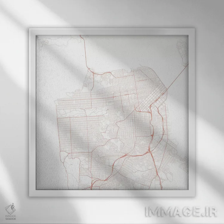 تابلو نقشهٔ جادههای شهری سان فرانسیسکو (قرمز) اثر اوربانمپ (نقشه شهری؛ استودیو نقشه یا طراح) - نمای قابدار سفید