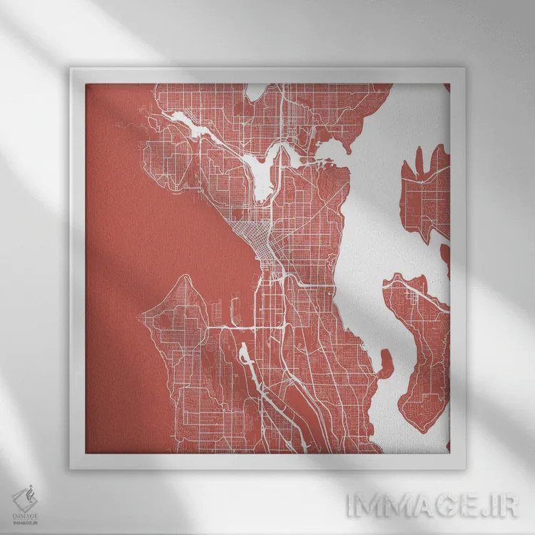 تابلو نقشهٔ جادههای شهری سیاتل (صورتی) اثر اوربانمپ (نقشه شهری؛ استودیو نقشه یا طراح) - نمای قابدار سفید