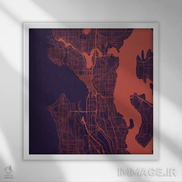 تابلو نقشهٔ جادههای شهری سیاتل (شب بنفش) اثر اوربانمپ (نقشه شهری؛ استودیو نقشه یا طراح) - نمای قابدار سفید