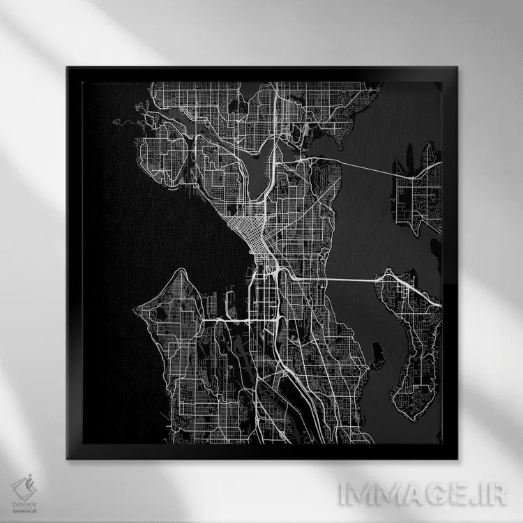 تابلو نقشهٔ جادههای شهری سیاتل (سیاه) اثر اوربانمپ (نقشه شهری؛ استودیو نقشه یا طراح) - نمای قابدار مشکی