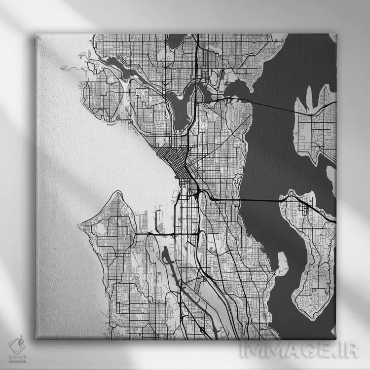 تابلو نقشهٔ جادههای شهری سیاتل (سفید) اثر اوربانمپ (نقشه شهری؛ استودیو نقشه یا طراح) - نمای روبهرو روی دیوار