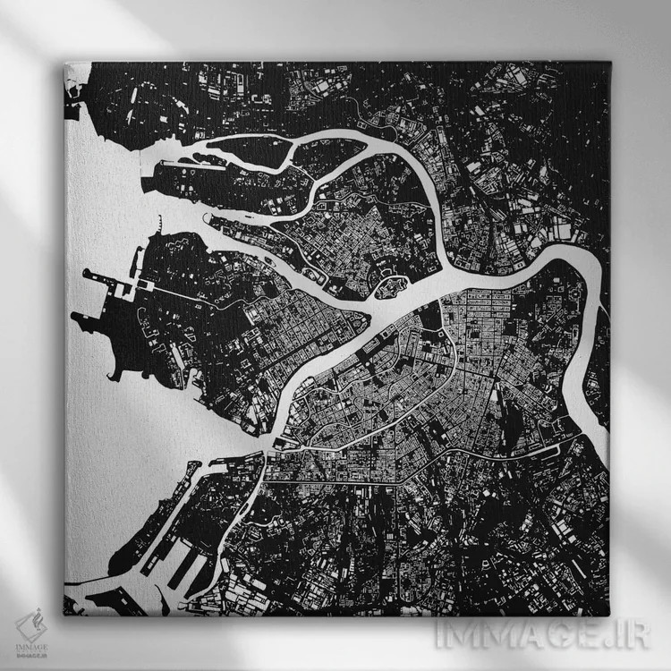 تابلو نقشهٔ شهری سن پترزبورگ (سیاه) اثر اوربانمپ (نقشه شهری؛ استودیو نقشه یا طراح) - نمای روبهرو روی دیوار