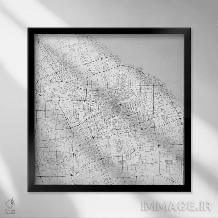 تابلو نقشهٔ جادههای شهری شانگهای (سفید) اثر اوربانمپ (نقشه شهری؛ استودیو نقشه یا طراح) - نمای قابدار مشکی