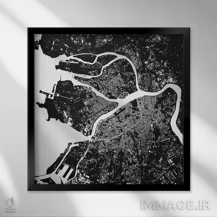 تابلو نقشهٔ شهری سن پترزبورگ (سیاه) اثر اوربانمپ (نقشه شهری؛ استودیو نقشه یا طراح) - نمای قابدار مشکی