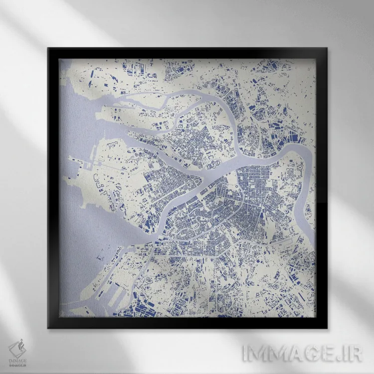 تابلو نقشهٔ شهری سن پترزبورگ (آبی) اثر اوربانمپ (نقشه شهری؛ استودیو نقشه یا طراح) - نمای قابدار مشکی