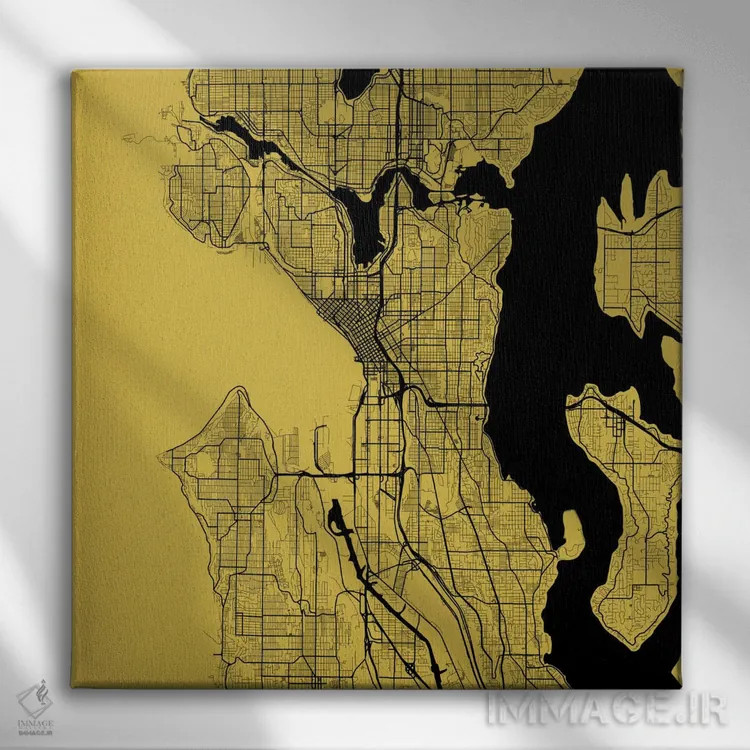 تابلو نقشهٔ جادههای شهری سیاتل (زرد) اثر اوربانمپ (نقشه شهری؛ استودیو نقشه یا طراح) - نمای روبهرو روی دیوار