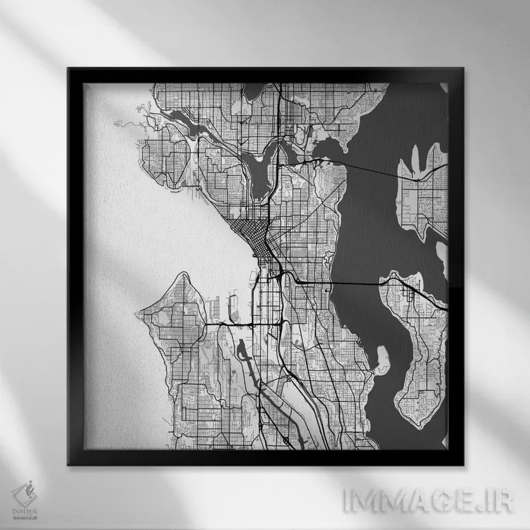 تابلو نقشهٔ جادههای شهری سیاتل (سفید) اثر اوربانمپ (نقشه شهری؛ استودیو نقشه یا طراح) - نمای قابدار مشکی