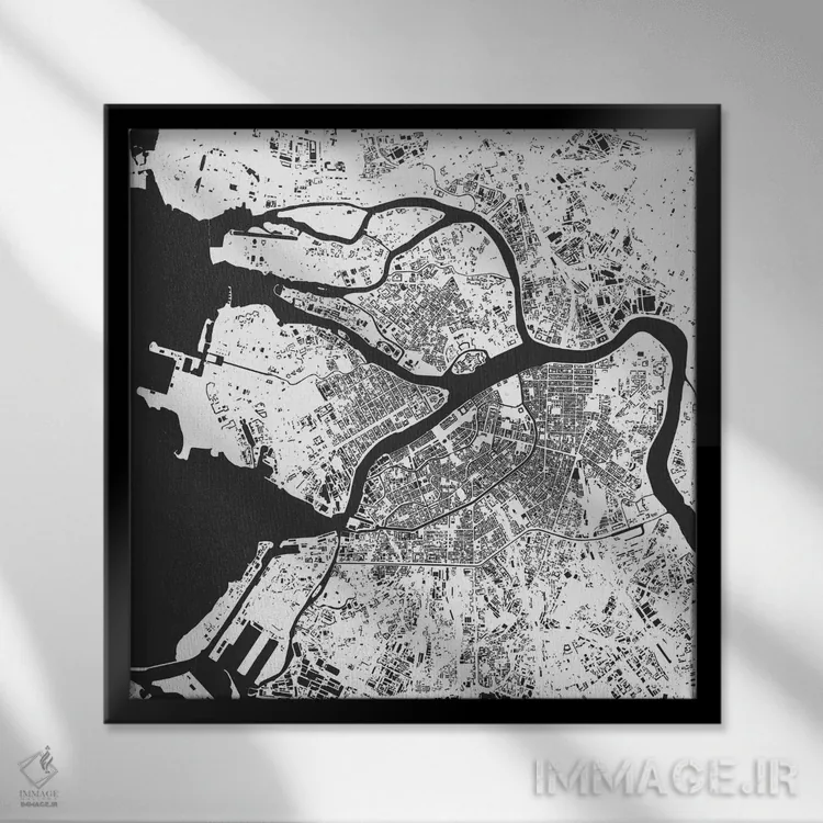 تابلو نقشهٔ شهری سن پترزبورگ (سفید) اثر اوربانمپ (نقشه شهری؛ استودیو نقشه یا طراح) - نمای قابدار مشکی