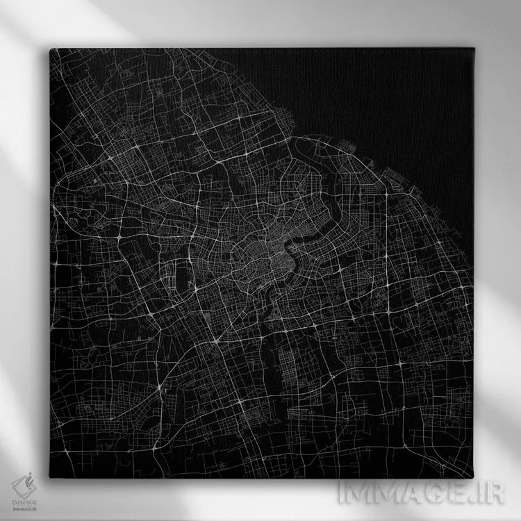 تابلو نقشهٔ جادههای شهری شانگهای (سیاه) اثر اوربانمپ (نقشه شهری؛ استودیو نقشه یا طراح) - نمای روبهرو روی دیوار