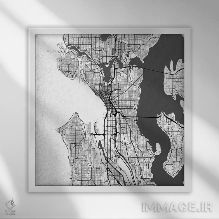 تابلو نقشهٔ جادههای شهری سیاتل (سفید) اثر اوربانمپ (نقشه شهری؛ استودیو نقشه یا طراح) - نمای قابدار سفید
