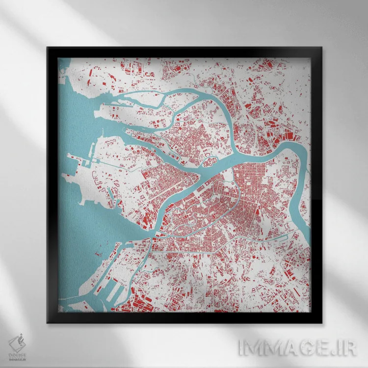 تابلو نقشهٔ شهری سن پترزبورگ (قرمز) اثر اوربانمپ (نقشه شهری؛ استودیو نقشه یا طراح) - نمای قابدار مشکی