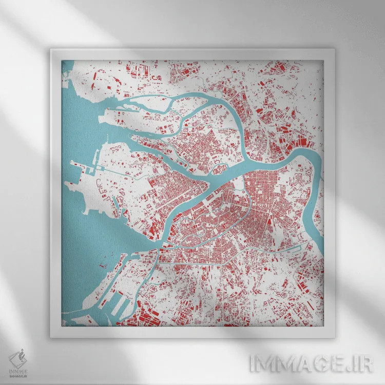 تابلو نقشهٔ شهری سن پترزبورگ (قرمز) اثر اوربانمپ (نقشه شهری؛ استودیو نقشه یا طراح) - نمای قابدار سفید