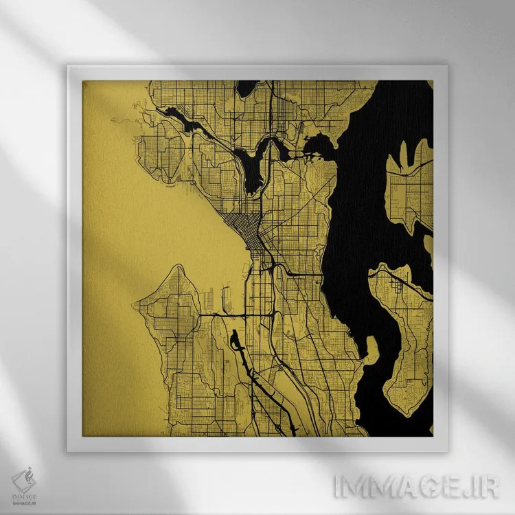 تابلو نقشهٔ جادههای شهری سیاتل (زرد) اثر اوربانمپ (نقشه شهری؛ استودیو نقشه یا طراح) - نمای قابدار سفید