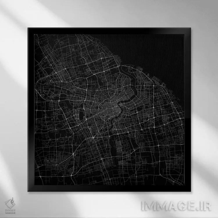تابلو نقشهٔ جادههای شهری شانگهای (سیاه) اثر اوربانمپ (نقشه شهری؛ استودیو نقشه یا طراح) - نمای قابدار مشکی