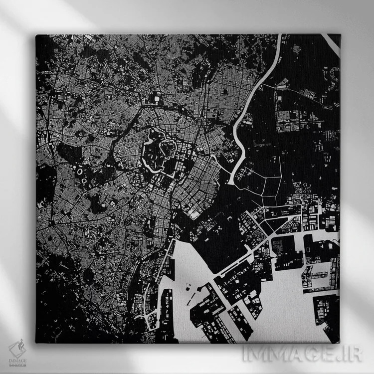 تابلو نقشهٔ شهری توکیو (سیاه) اثر اوربانمپ (نقشه شهری؛ استودیو نقشه یا طراح) - نمای روبهرو روی دیوار