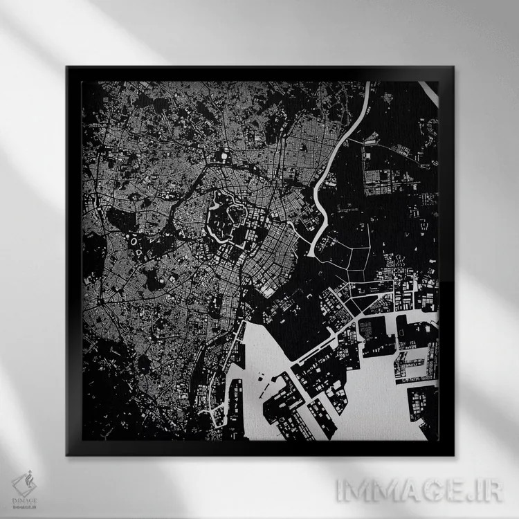 تابلو نقشهٔ شهری توکیو (سیاه) اثر اوربانمپ (نقشه شهری؛ استودیو نقشه یا طراح) - نمای قابدار مشکی