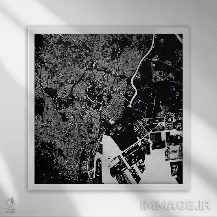 تابلو نقشهٔ شهری توکیو (سیاه) اثر اوربانمپ (نقشه شهری؛ استودیو نقشه یا طراح) - نمای قابدار سفید