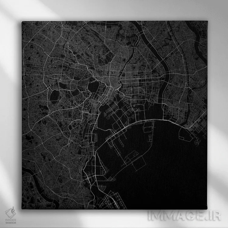 تابلو نقشهٔ جادههای شهری توکیو (سیاه) اثر اوربانمپ (نقشه شهری؛ استودیو نقشه یا طراح) - نمای روبهرو روی دیوار