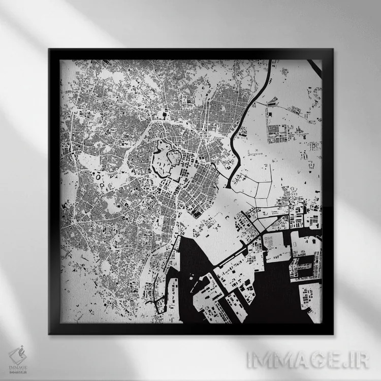 تابلو نقشهٔ شهری توکیو (سفید) اثر اوربانمپ (نقشه شهری؛ استودیو نقشه یا طراح) - نمای قابدار مشکی