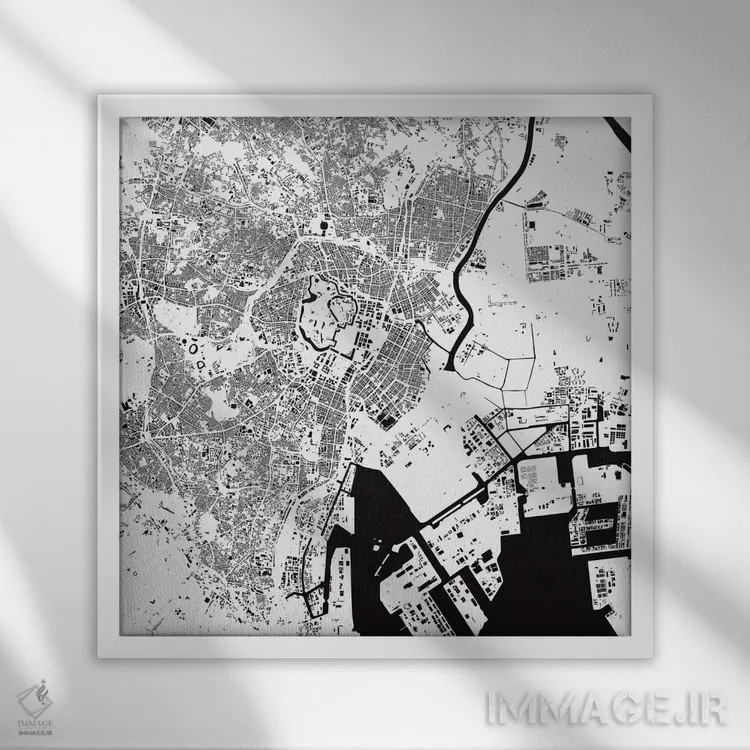 تابلو نقشهٔ شهری توکیو (سفید) اثر اوربانمپ (نقشه شهری؛ استودیو نقشه یا طراح) - نمای قابدار سفید