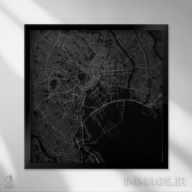 تابلو نقشهٔ جادههای شهری توکیو (سیاه) اثر اوربانمپ (نقشه شهری؛ استودیو نقشه یا طراح) - نمای قابدار مشکی