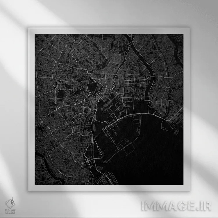 تابلو نقشهٔ جادههای شهری توکیو (سیاه) اثر اوربانمپ (نقشه شهری؛ استودیو نقشه یا طراح) - نمای قابدار سفید