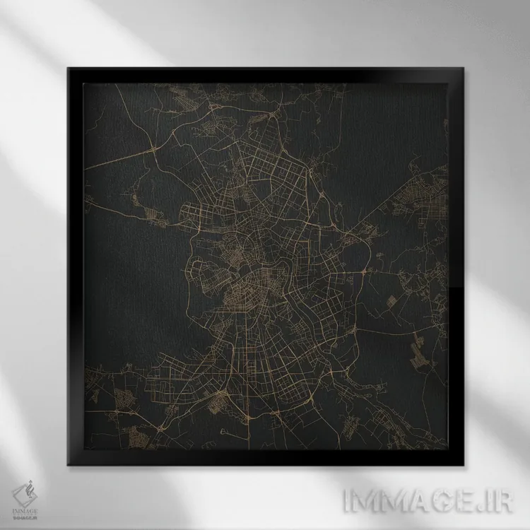تابلو نقشهٔ جادههای شهری سن پترزبورگ (طلایی) اثر اوربانمپ (نقشه شهری؛ استودیو نقشه یا طراح) - نمای قابدار مشکی