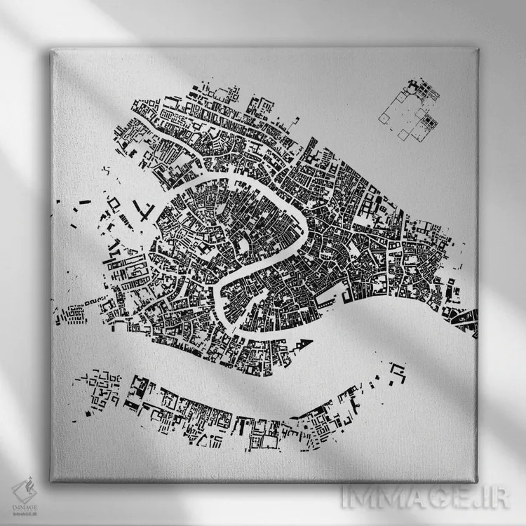 تابلو نقشهٔ شهری ونیز (سفید) اثر اوربانمپ (نقشه شهری؛ استودیو نقشه یا طراح) - نمای روبهرو روی دیوار
