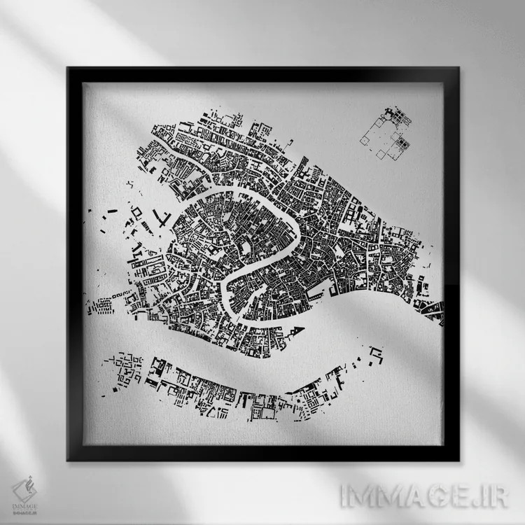 تابلو نقشهٔ شهری ونیز (سفید) اثر اوربانمپ (نقشه شهری؛ استودیو نقشه یا طراح) - نمای قابدار مشکی