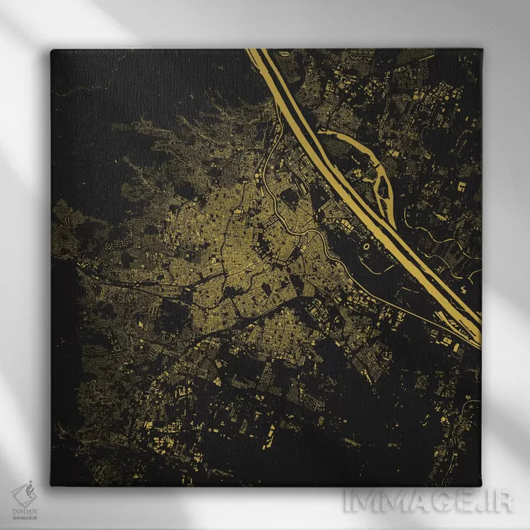تابلو نقشهٔ شهری وین (زرد) اثر اوربانمپ (نقشه شهری؛ استودیو نقشه یا طراح) - نمای روبهرو روی دیوار