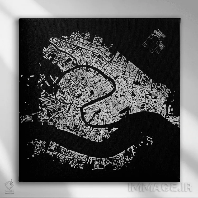 تابلو نقشهٔ شهری ونیز (سیاه) اثر اوربانمپ (نقشه شهری؛ استودیو نقشه یا طراح) - نمای روبهرو روی دیوار