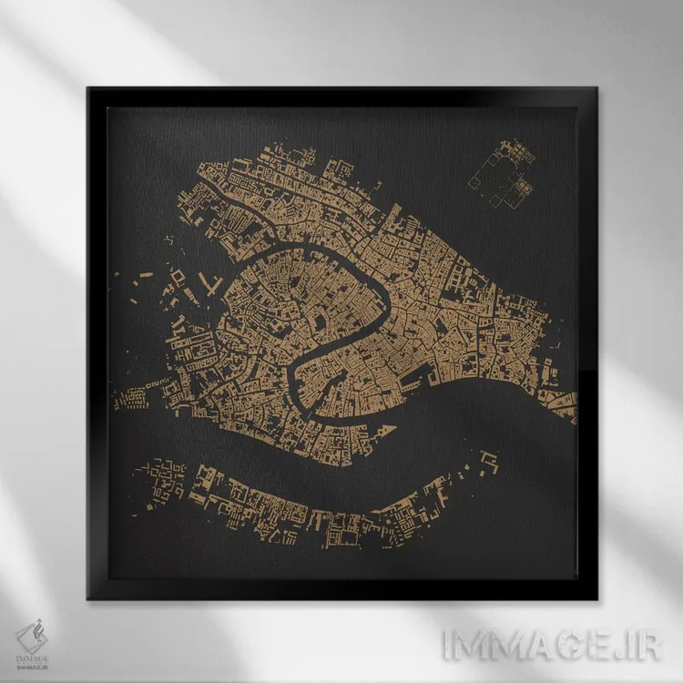 تابلو نقشهٔ شهری ونیز (طلایی) اثر اوربانمپ (نقشه شهری؛ استودیو نقشه یا طراح) - نمای قابدار مشکی