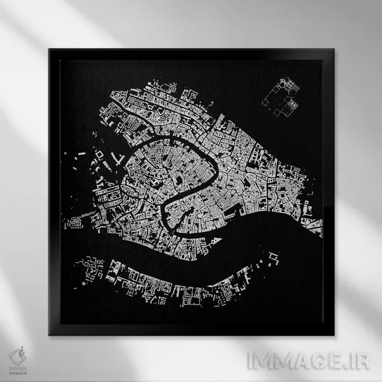 تابلو نقشهٔ شهری ونیز (سیاه) اثر اوربانمپ (نقشه شهری؛ استودیو نقشه یا طراح) - نمای قابدار مشکی